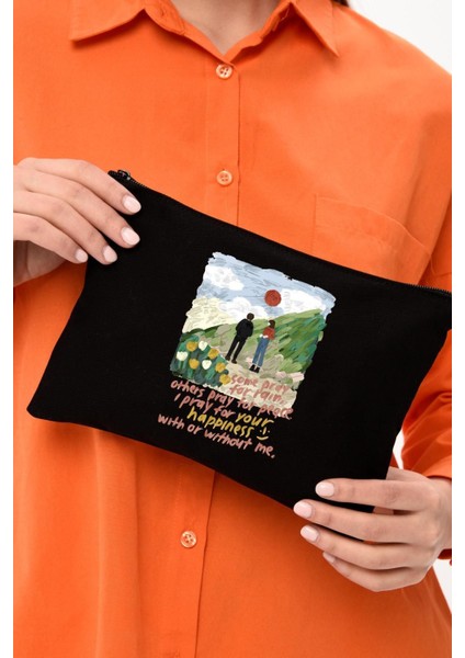 Şık Siyah Kanvas Makyaj Çantası, Praying For Happiness Tasarımı