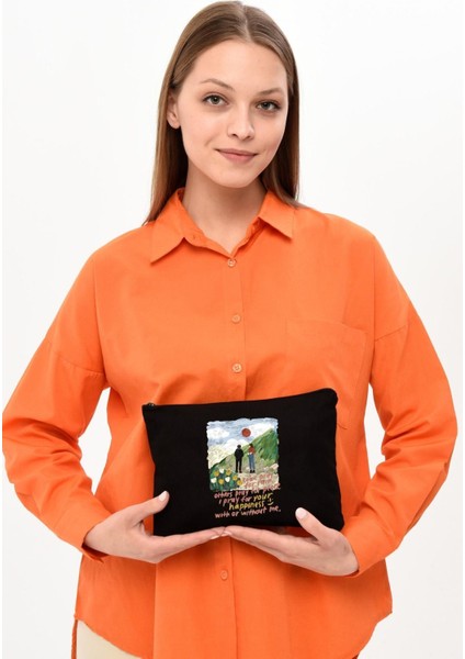 Şık Siyah Kanvas Makyaj Çantası, Praying For Happiness Tasarımı