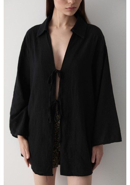 Siyah %100 Pamuk Keten Bağcık Detaylı Kimono Bluz modelleri
