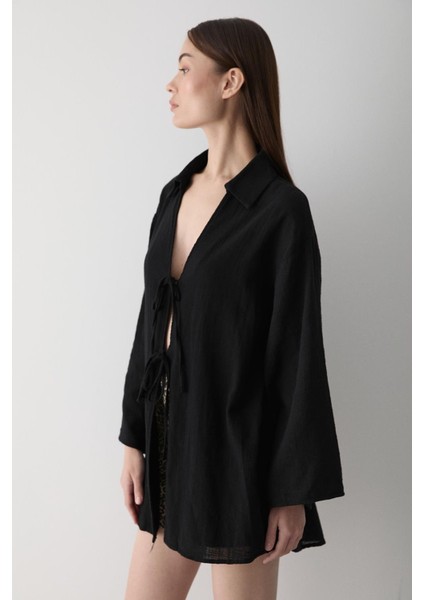 Siyah %100 Pamuk Keten Bağcık Detaylı Kimono Bluz fırsatları