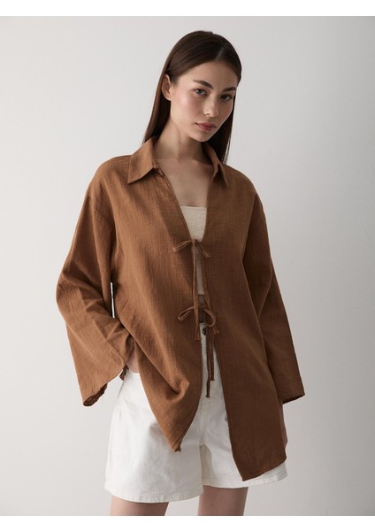 Kahve %100 Pamuk Keten Bağcık Detaylı Kimono Bluz