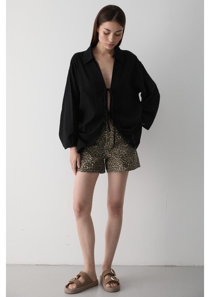 Siyah %100 Pamuk Keten Bağcık Detaylı Kimono Bluz indirimleri