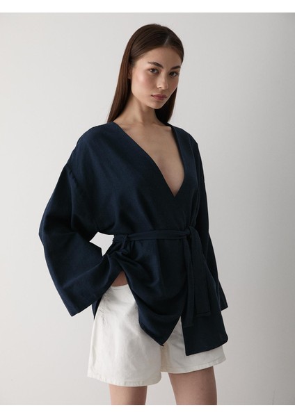 Lacivert Pamuklu Düğme Detaylı Kemerli Keten Kimono