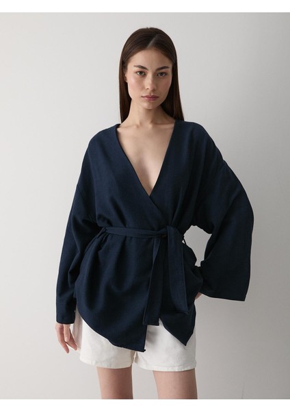 Lacivert Pamuklu Düğme Detaylı Kemerli Keten Kimono
