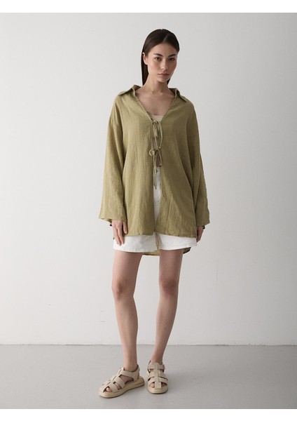 Haki %100 Pamuk Keten Bağcık Detaylı Kimono Bluz fiyatları