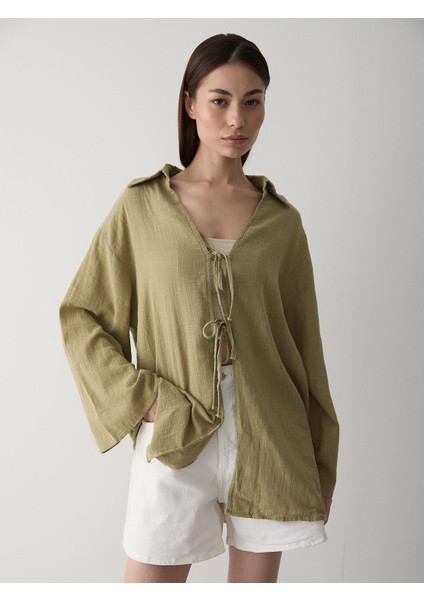 Haki %100 Pamuk Keten Bağcık Detaylı Kimono Bluz modelleri