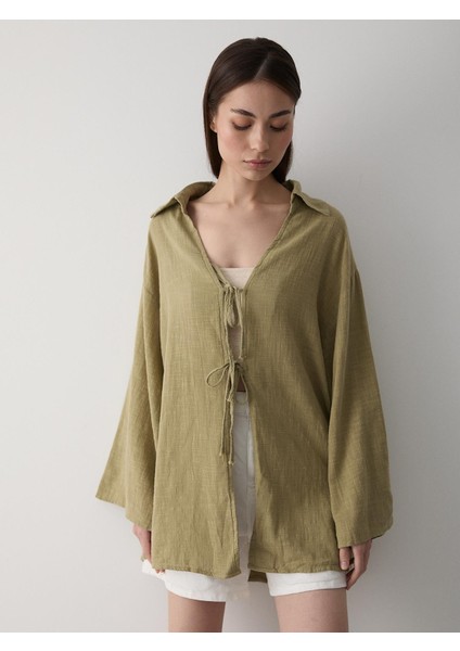 Haki %100 Pamuk Keten Bağcık Detaylı Kimono Bluz indirimleri