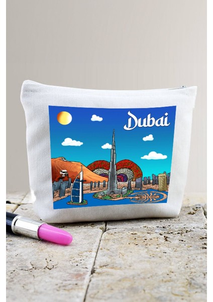 Beyaz Dubai Temalı Bez Makyaj Çantası, Şık ve Kullanışlı Seyahat Aksesuarı