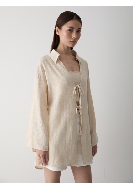 Taş %100 Pamuk Keten Bağcık Detaylı Kimono Bluz modelleri