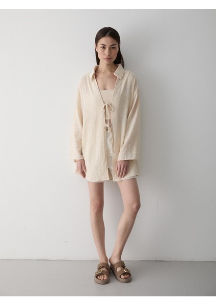 Taş %100 Pamuk Keten Bağcık Detaylı Kimono Bluz fırsatları