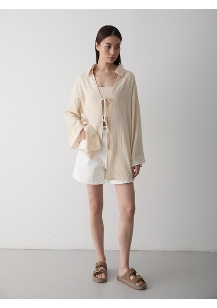 Taş %100 Pamuk Keten Bağcık Detaylı Kimono Bluz indirimleri