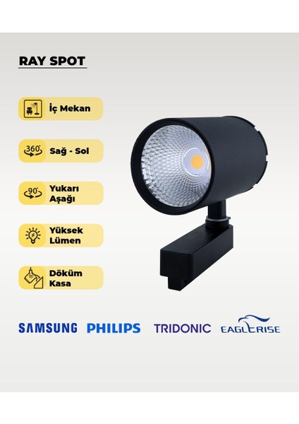 40W Döküm Kasa Siyah Ray Spot 3200K (Sarı Işık) - Titreşim Yapmaz