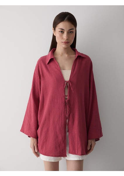 Bordo %100 Pamuk Keten Bağcık Detaylı Kimono Bluz