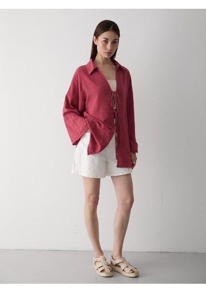 Bordo %100 Pamuk Keten Bağcık Detaylı Kimono Bluz modelleri