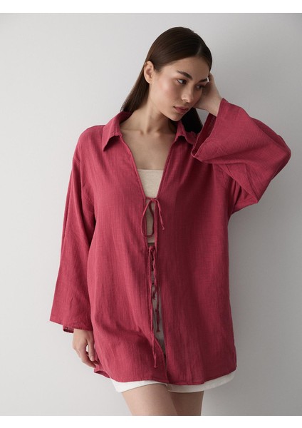 Bordo %100 Pamuk Keten Bağcık Detaylı Kimono Bluz fırsatları