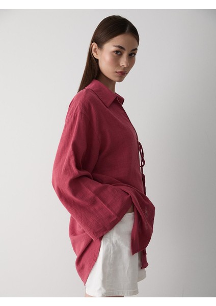 Bordo %100 Pamuk Keten Bağcık Detaylı Kimono Bluz indirimleri