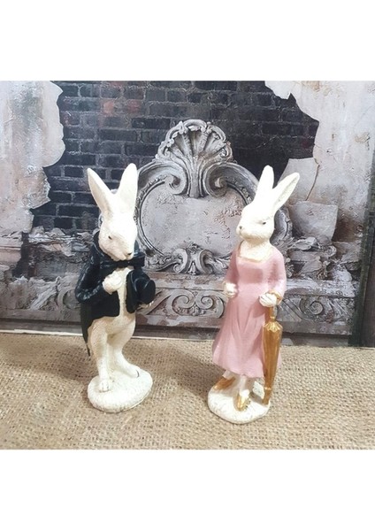 El Yapımı Dekoratif Tavşan Çifti Biblo,şapkalı ve Şemsiyeli Tavşan Çifti Objesi .