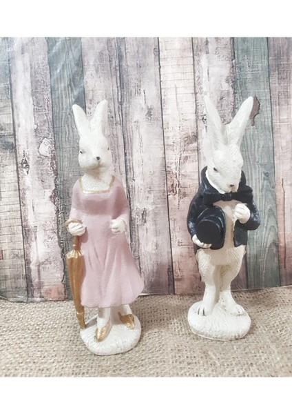 El Yapımı Dekoratif Tavşan Çifti Biblo,şapkalı ve Şemsiyeli Tavşan Çifti Objesi . fiyatları