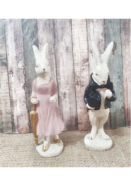 El Yapımı Dekoratif Tavşan Çifti Biblo,şapkalı ve Şemsiyeli Tavşan Çifti Objesi . fırsatları