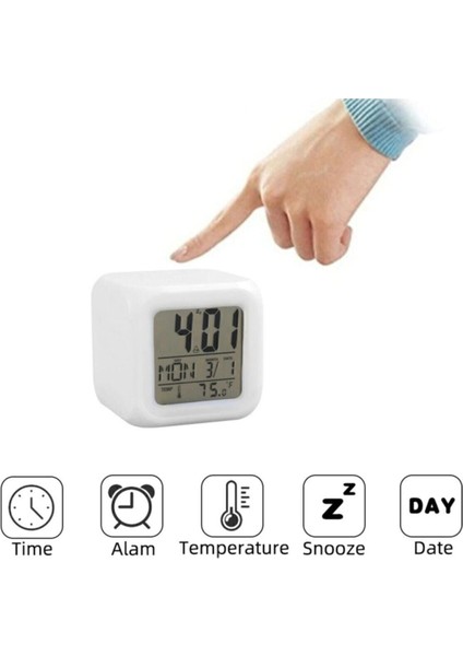 7 Renk Xxl Alarmlı Dijital Küp Saat, LCD Işıklı, Çocuk Odası, Hafıza, Pilli