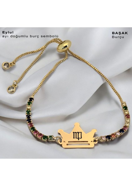 Eylül Ayı Doğumlarına Renkli Taş Desenli Taç Motifli 14 Ayar Altın Plakalı Hediye Bileklik-489 Ay fiyatları
