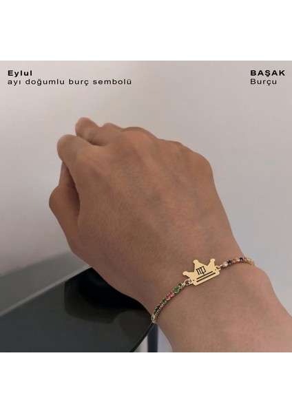 Eylül Ayı Doğumlarına Renkli Taş Desenli Taç Motifli 14 Ayar Altın Plakalı Hediye Bileklik-489 Ay fırsatları