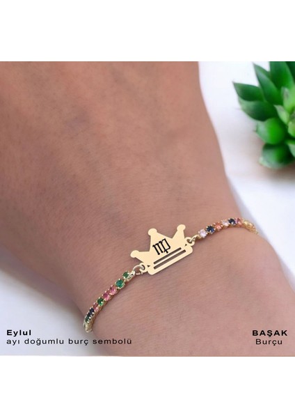 Eylül Ayı Doğumlarına Renkli Taş Desenli Taç Motifli 14 Ayar Altın Plakalı Hediye Bileklik-489 Ay indirimleri