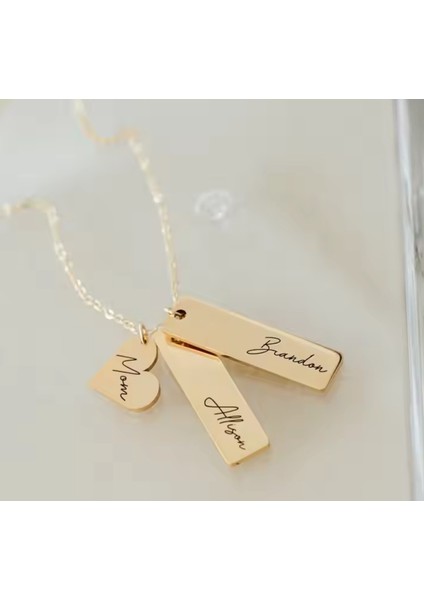 925 Ayar Gümüş Kişiselleştirilebilir Yazı, Mesaj Kalp ve Dikdörtgen Plaka Kolye
