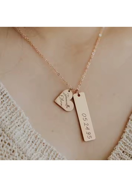 925 Ayar Gümüş Kişiselleştirilebilir Yazı, Mesaj Kalp ve Dikdörtgen Plaka Kolye