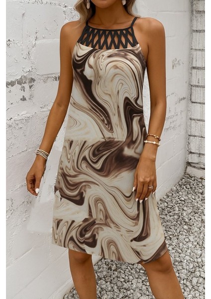 Kadın Sıfır Kol Soğuk Omuz Yaka Baskılı Süprem Elbise modelleri