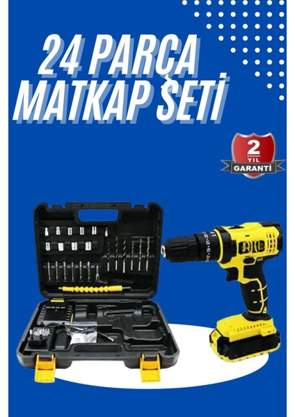 Çift Akülü Bakır Sargılı Metal Şanzımanlı 24 Parça LED Aydınlatmalı Matkap Seti