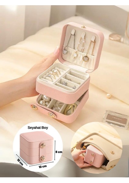 Pembe 2 Katlı Takı Kutusu, Mücevher Düzenleyici, Seyahat Organizatörü