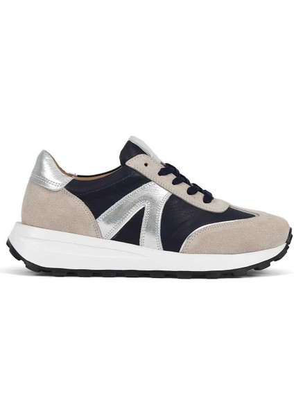 Kadın Bej Lacivert Bağcıklı Süet Deri Sneaker