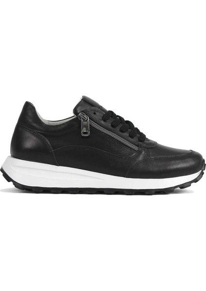 Kadın Siyah Bağcıklı Fermuarlı Deri Sneaker