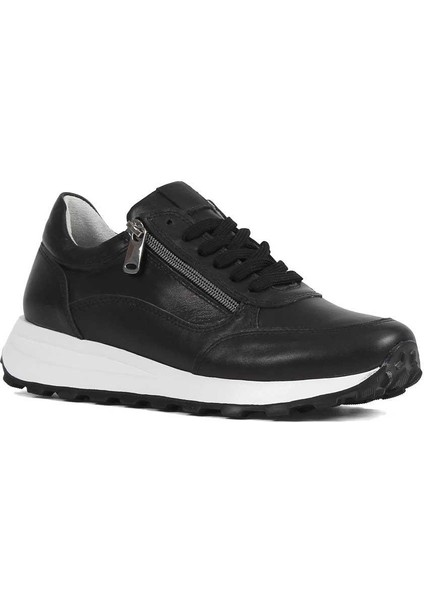 Kadın Siyah Bağcıklı Fermuarlı Deri Sneaker