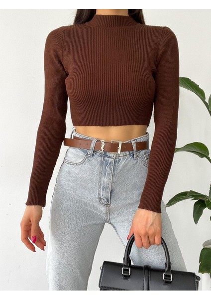 Kadın Uzun Kollu Yumuşak Dokulu Esnek Triko Crop Body