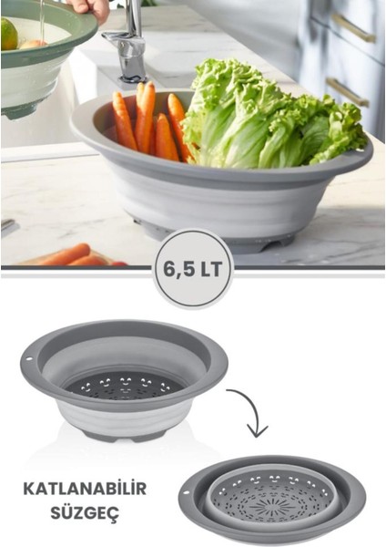 Katlanabilir Yuvarlak Süzgeç 6,5 Litre Gri