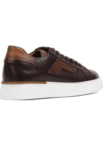 Erkek Kahverengi Bağcıklı Kalın Tabanlı Deri Sneaker