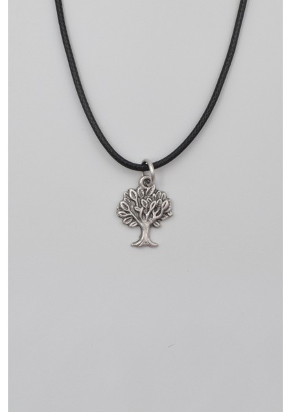Hayat Ağacı Siyah Deri Ip Kolye - Antik Gümüş Kaplama - Kadın Erkek - 60 cm