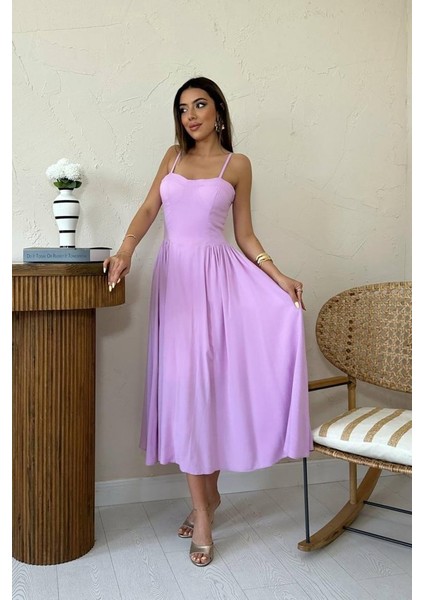 Lila Göğüs Kuplu Uzun Büzgülü Elbise fiyatları