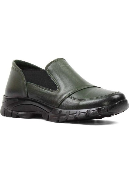 Kadın Haki Lastikli Kalın Tabanlı Deri Ayakkabı modelleri