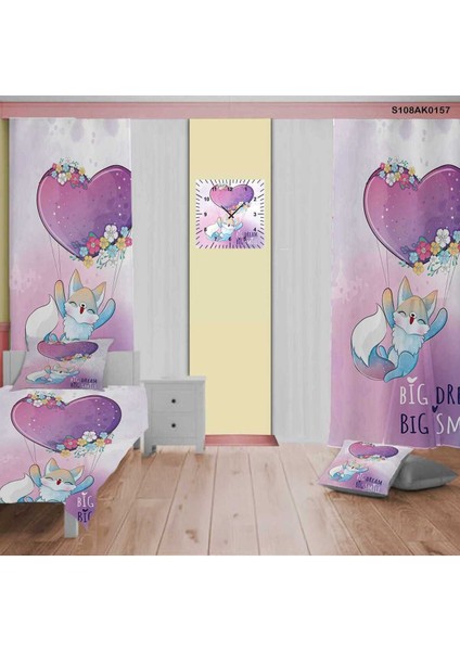 Sevimli Kedi Desenli Çocuk ve Bebek Odası Seti, Perde, Yatak Örtüsü, Saat, Yastık ve Kılıf