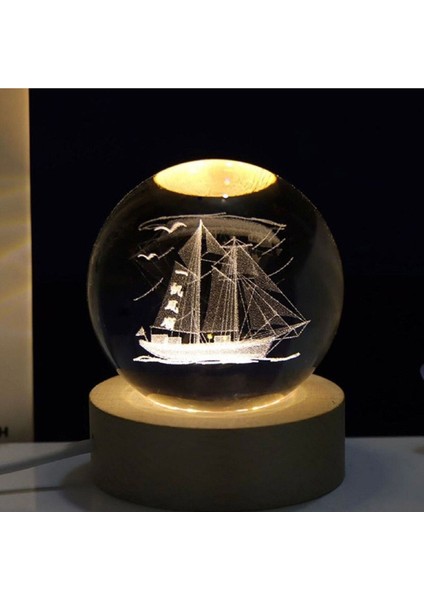 Renkli Ahşap Altlıklı Işıklı Cam Gemi Küresi, 6 cm Cam ve 2 cm Ahşap Detaylı