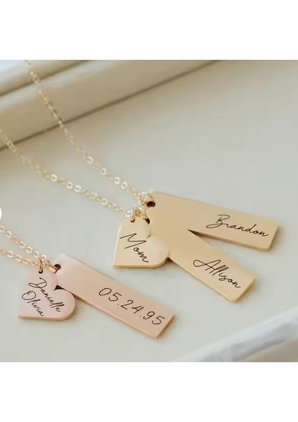 925 Ayar Gümüş Kişiselleştirilebilir Yazı, Mesaj Kalp ve Dikdörtgen Plaka Kolye