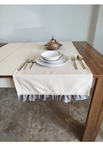 Naturel Organik Yumuşak Keten Fırfırlı Runner 47X120 cm