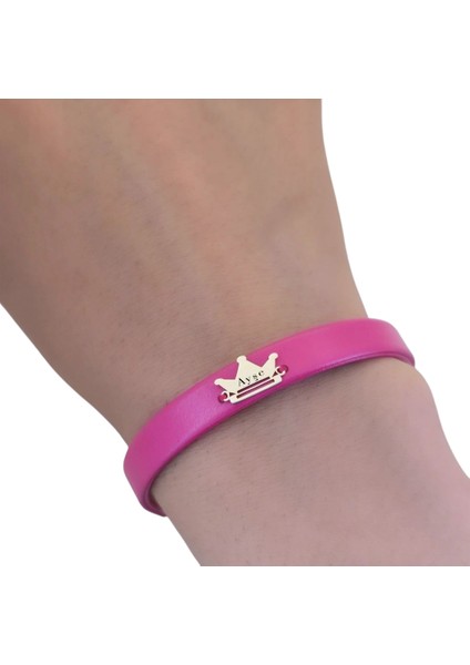 Ayşe Yazılı Taç Figürlü 14 Ayar Altın Plakalı Doğal Pembe Derili Hediyeye Özel Bileklik-514 İsim fırsatları