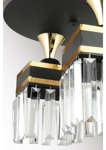 3'lü Siyah Tepsi Kristal Taşlı Plafonyer Sarı Şeritli Kare Aşağı Bakan Lüks Avize indirimleri