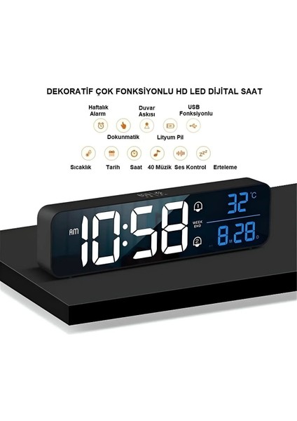 Şık LED Ekranlı Aynalı Dijital Masa Saati, Sıcaklık ve Tarih Gösterimi