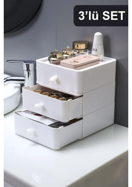 Beyaz 3'lü Çekmeceli Makyaj Düzenleyici, Modüler ve Şık Organizatör