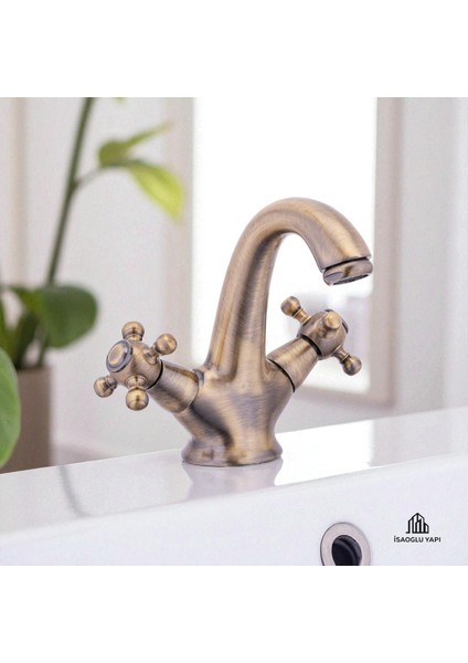 Isaoğlu Yapı Antik Lavabo Musluğu Klasik Tasarım Özel Seri Lavabo Bataryası Pirinç